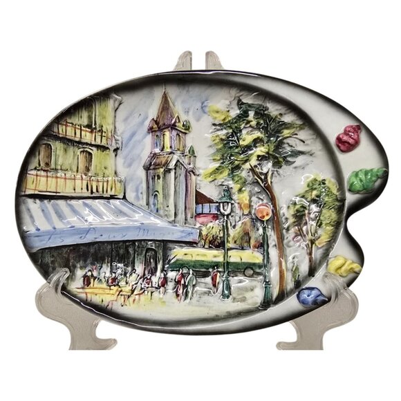 Vintage 10" Hand-Painted Orchardware Ceramic Palette Plate With Paris Scene - Picture 1 of 5